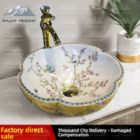 Wayon Lavabo d'intérieur de style européen Lavabo d'art en porcelaine avec design floral et lavabo ménager en céramique de forme florale