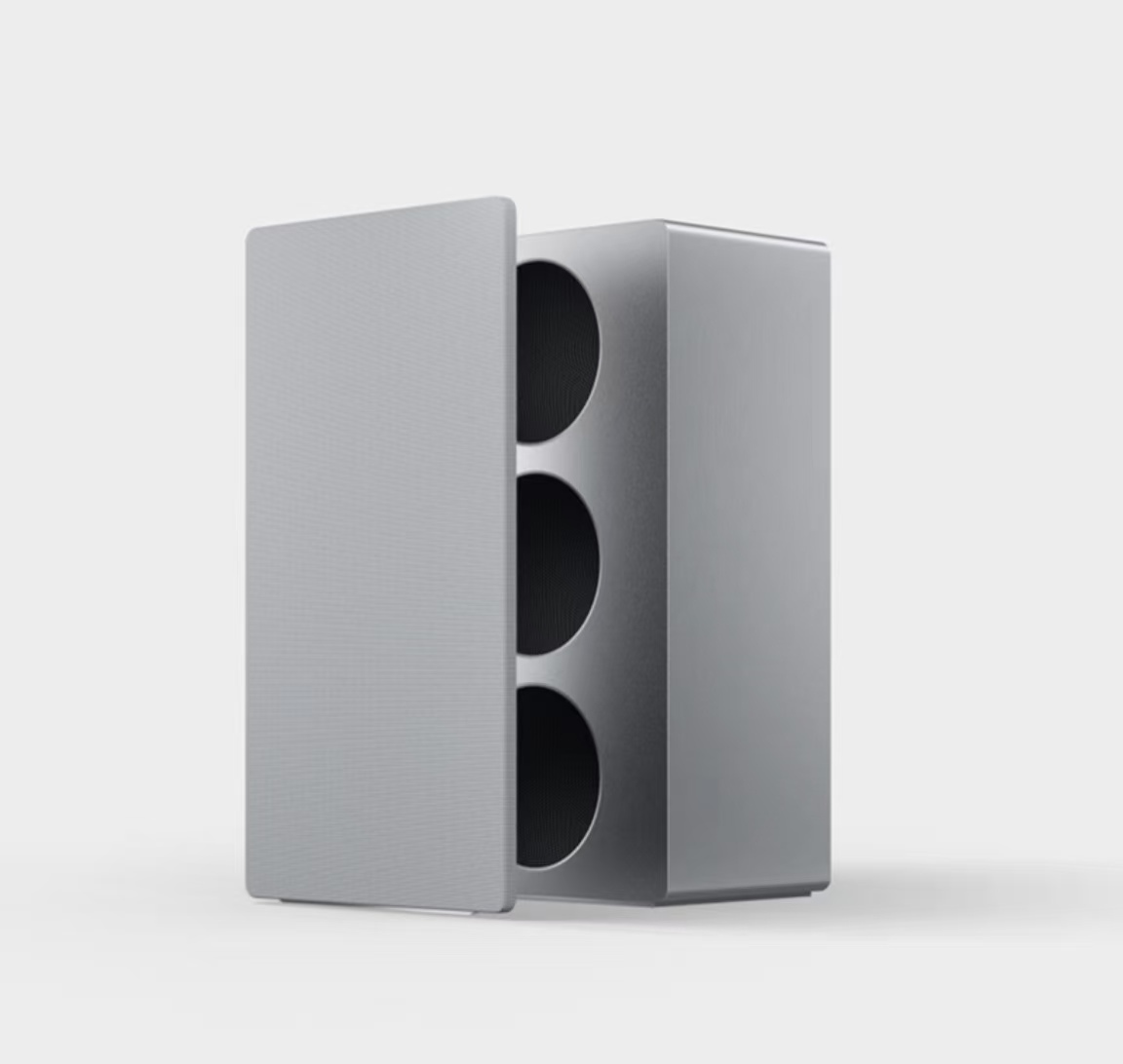 Haut-parleur argenté + panneau tissé gris