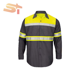 Abbigliamento da lavoro professionale in cotone a manica corta stile camicia ad alta visibilità strisce riflettenti traspiranti resistenti per il giorno - Product Image 5