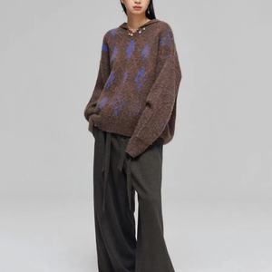 Suéter de mezcla de lana con cuello en V y gran solapa, diseño jacquard con estampado de rombos, ¡Gran Venta! - Product Image 4