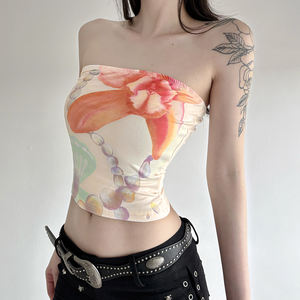 Top Corto sin Tirantes con Estampado Floral para Mujer, Ajustado, Espalda Descubierta, Camiseta Corta Informal de Verano para Vacaciones, en Tejido de Poliéster y Elastano - Product Image 5