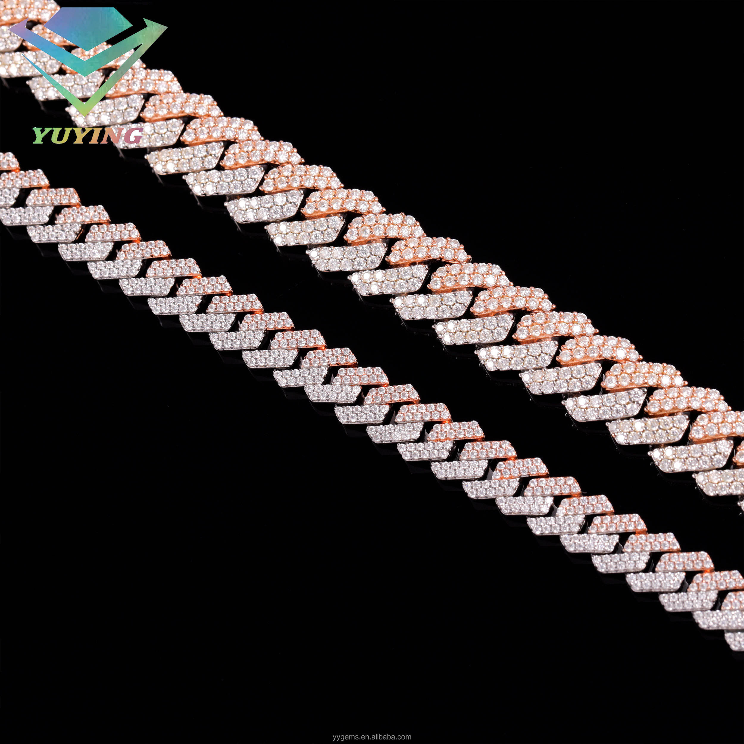 โซ่เงินชุบ 2 โทน ขนาด 8 มม. พร้อมแถวโมอิสซาไนต์ 2 แถว