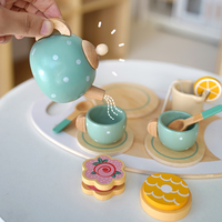 Service à thé en bois pour tout-petits, design Art Déco, décoration de table de jeu pour filles et garçons, pots et casseroles couleur naturelle, coffret cadeau d'anniversaire pour enfants
