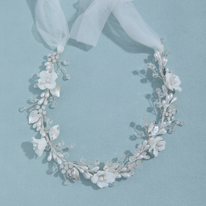 Serre-tête de mariée en argile 100 % fait main avec fleurs, ruban, perles et cristaux, personnalisable (OEM/ODM) - Product Image 1