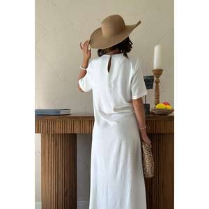 Vestido de Lino con Cuello Redondo, Corte Holgado, Cintura Natural, Transpirable, Tejido, Informal para Uso Diario - Product Image 1