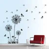 Dandelion decalques de janela, flores voadoras, borboletas, adesivos de parede diy, arte para a parede, sala, quarto, decoração