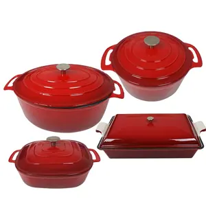 红色流行炊具套装带盖铸铁炊具