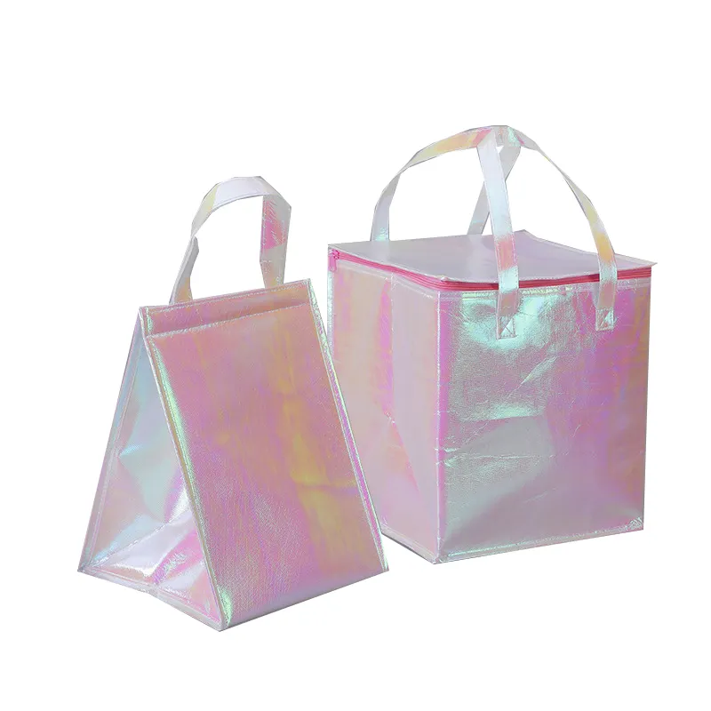 Bolsa térmica con aislamiento térmico, refrigerador reflectante rosa al por mayor, bolsa fresca con aislamiento térmico de papel de aluminio para entrega de alimentos