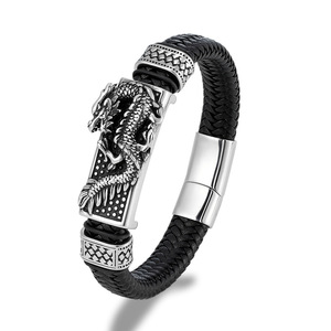 Retro Dragon Leather <b>Bracelet</b> Black <b>Red</b> Blue Tibetan Silver Men's Gift Jewelry 19cm 21cm 23cm - Product Image 5