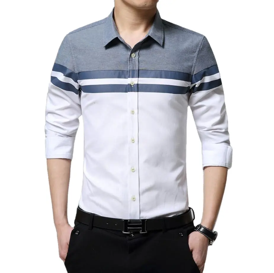 Camisas informales de manga larga para hombre, camisas ajustadas a la moda, con cuello de estilo coreano, contraste CVC