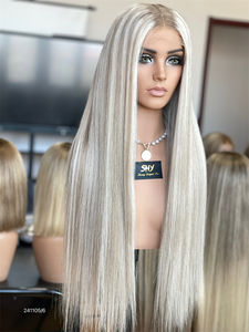 Perruques de luxe personnalisées en cheveux humains blonds balayage avec mèches, sans colle, HD 13x5, avec patch de dentelle frontale, en promotion en ligne - Product Image 2