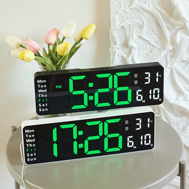 Large Plastic LED Digital Wall Clock with Remote Control Temperature Display Dual Alarms Modern Design Wall-mounted