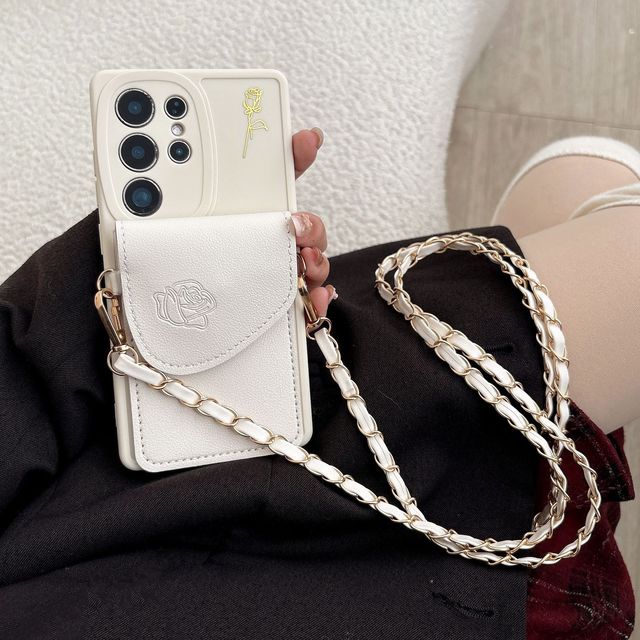 Luxury Crossbody Lanyard Strap Rose Card Holder Mobile Phone Case for Samsung Galaxy S26 S25 S24 S23 S22 Ultra A17 A18 A56 A57