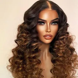 Raw Indian Virgin Human Hair Hd Full Lace Frontal Wig Ombre Brown Hair Color Loose Wave Transparent Lace Front Wigs Human Hair