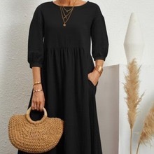 Abito lungo casual da donna, stile europeo-americano, <span class=keywords><strong>con</strong></span> scollo rotondo, maniche corte, vita arricciata, tasche laterali, vestibilità ampia, per tutti i giorni. - Product Image 3