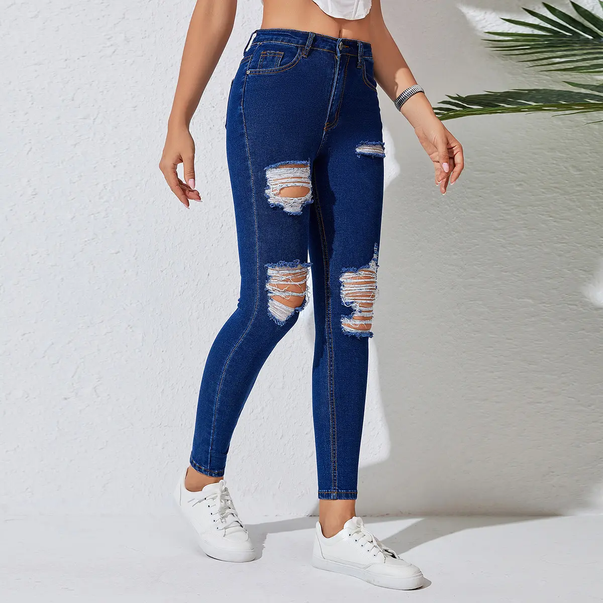 Fashion Denim Brand Ripped Denim Skinny Blue Pantalones Fit Elastic Distressed Slim Fit Straight Pants Stretchy Women Jeans