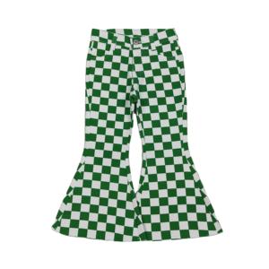 P00841 Ropa occidental para niña pequeña, pantalones vaqueros de boutique con estampado a cuadros verde y blanco, pantalones largos de mezclilla para niñas pequeñas al por mayor - Product Image 1