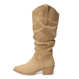 Bottines mi-mollet occidentales pour femmes en daim à bout pointu, talon carré, à enfiler, respirantes, hauteur de talon 5 cm, couleur unie - Product Image 5