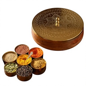Nouvelle boîte à masala ronde en laiton avec 7 compartiments à épices, organisateur de rangement pour épices fait main, outil de cuisine pour herbes et épices, design durable - Product Image 2