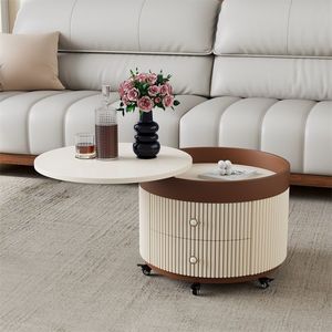 Mesa de centro moderna redonda giratoria con almacenamiento, tapa de madera color crema, móvil, para sala de estar, diseño minimalista - Product Image 3