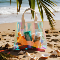 Sac de maquillage de voyage portable transparent holographique laser PVC personnalisé en gros avec sac fourre-tout à fermeture éclair