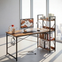 Bureau d'ordinateur industriel avec prise de courant, station de charge USB, étagères de rangement, crochets pour casque, brun rustique pour bureau à domicile