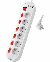Multiprise allemande, 6 prises, 16A, 230V~, avec protection enfant, interrupteurs individuels et interrupteur principal