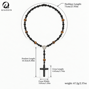 Collana <span class=keywords><strong>Rosario</strong></span> Cristiana in Pietra Naturale all'Ingrosso, con Perle di Pietra Lavica Vulcanica, Occhio di Tigre e Ferro, Ciondolo a Croce, Gioielli da Uomo - Product Image 6