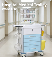 Hospital Emergency Cart with Drawers, Sharps Box, Trash Can, and Medicine Storage Box.