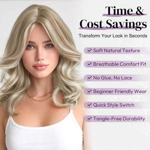 Peluca de Cabello Humano <span class=keywords><strong>Rubio</strong></span> Cenizo Corto Ondulado, Largo hasta los Hombros, con Flequillo Cortina que Rodea el Rostro, Aspecto Natural para Uso Diario y Fiestas - Product Image 5