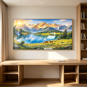 Quadro in Porcellana con Cristalli, Paesaggio Montano Nordico con Alpi, Laghi e Cervi, Decorazione da Parete con Scenografia Naturale - Product Image 3
