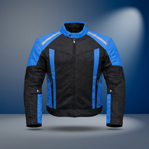 Blouson de moto pour homme, bleu et noir, à blocs de couleur, manches longues, respirant, en mesh, pour toutes les saisons - Product Image 1