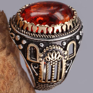 Toptan Moda Vintage İki Renkli Çoklu Renkler Suudi Arabistan El Yapımı Gümüş Oval Kesim Değerli Taş Sarı Akik Yüzükler Erkekler İçin - Product Image 3