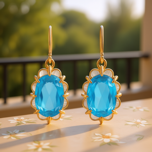 Orecchini Pendenti E2035 Blu Cielo con Taglio Ovale, Placcati in Oro con Design Floreale, Gioielli Classici da Donna per Feste - Product Image 2