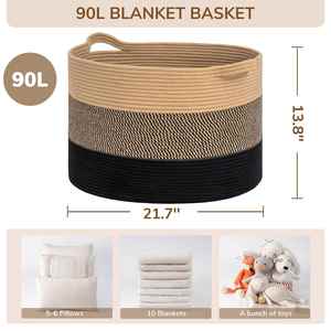 90L Extra <b>Large</b> Blanket <b>Basket</b> for Living Room 22 X 22 X 14inch Woven Cotton Rope Laundry <b>Basket</b> for Organizing Pillows - Product Image 3