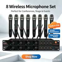 Système de microphone sans fil UHF à huit canaux, 8 micros à condensateur portatifs, cardioïdes, métalliques, professionnels, pour scène, performance, karaoké