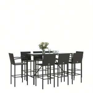 Ensemble de bar de jardin en polyrotin noir avec verre trempé, 6 places, mobilier d'extérieur au design contemporain - Product Image 1