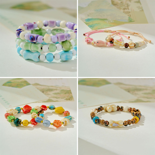 Handmade Ceramic Beaded Bracelet Vintage Ethnic Adjustable Braided Bangle for Women Casual Stackable Jewelry