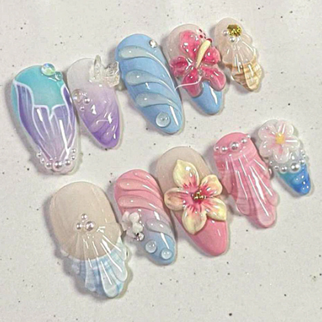 Wholesale Nail Designs 30-piece Pack 3D Press-On Wearable Nails Mermaid Machine-Made False Nails Finger Macaron Gradient Nail