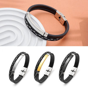 Customize Fashion Leather <b>Bracelets</b> for <b>Men</b> Women Engrave Name Date <b>ID</b> Stainless Steel Bangle Jewelry Gift - Product Image 2