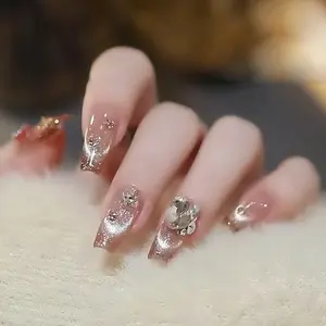 Новый дизайн, женский милый розовый цвет, кошачий глаз, искусственные накладные ногти, роскошный набор для ногтей