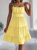Nouvelle Robe Décontractée Sans Manches à Bretelles Col Carré Taille Empire Antistatique à Volants Tissée Longueur Genou pour Femme Style Européen et Américain