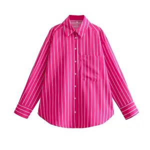 Turn down collar striped print long sleeve rose color casual fashion tops blouse for women