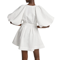 Mini robe trapèze blanche à manches bouffantes et col en v pour femmes, design vintage, ceinture personnalisée, boutons, sexy