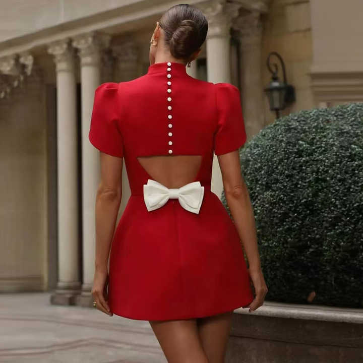 Fashionable Stand Collar Single-Breasted Slim Fit Formal Mini Dress