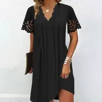 Robe ample à taille haute, manches courtes, col en V, en polyester uni, style bureau pour femme