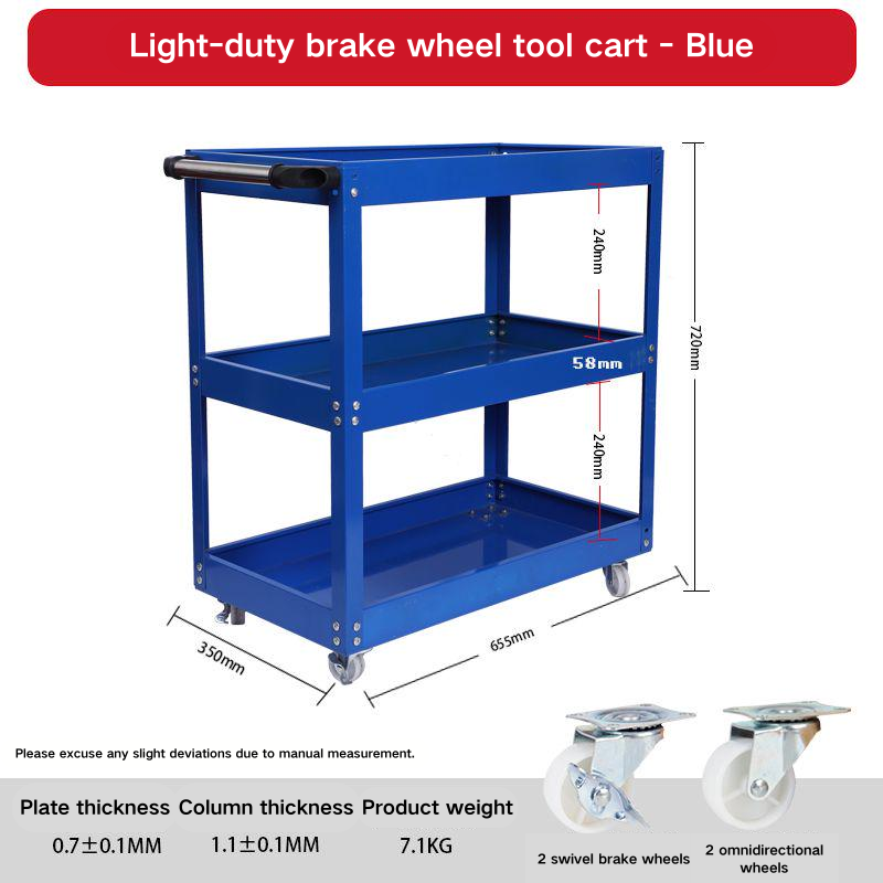 Chariot à outils léger à 3 niveaux Blue Standard avec roues blanches