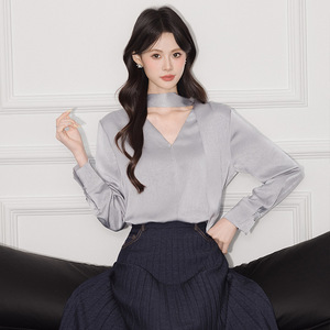 French Style Ribbon Blouse Women White V Neck Long Sleeve Wrap <b>Tie</b> Top Office Wear Slim Fit Solid Color <b>Polyester</b> Shirt Q9944 - Product Image 2