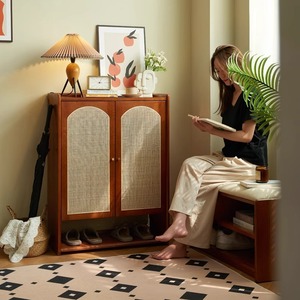 French Retro Solid Wood Rattan Shoe Cabinet With <b>Drawers</b> Space Saving Entryway Storage For <b>Small</b> Apartments Home Use - Product Image 3