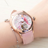 Montre mécanique Reef Tiger de luxe pour femme, cadran rose, bracelet en cuir, montre tendance en or rose, RGA7105